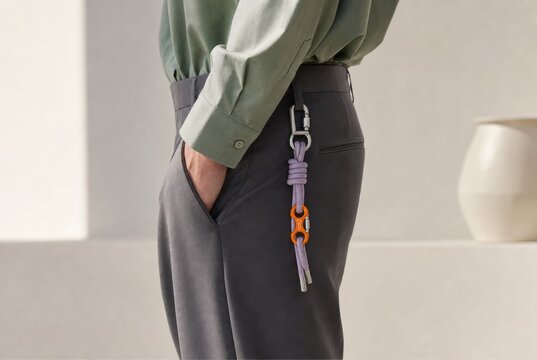 Professional wearing gray pants with purple paracord and carabiner attached to belt loop, minimalist urban casual style, functional accessory detail, modern streetwear fashion concept