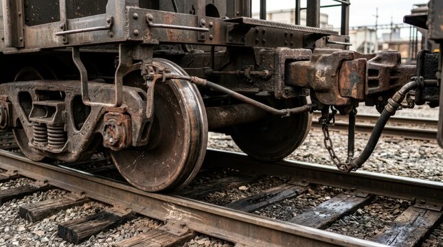 Close-up technical shot of heavy iron wheels, suspension, and coupling mechanisms of a freight train car on steel tracks.