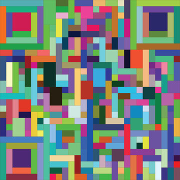 High-resolution abstract geometric background featuring a vibrant composition of colorful rectangles and square blocks arranged in a modern mosaic layout. The bold multicolored pattern creates a conte