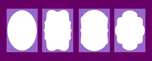 Border frame retro set package presenting multiple white oval badges. Creative purple template layout kit with empty boxes for abstract minimalist greeting card cover decoration clip art. © dirtyfellas