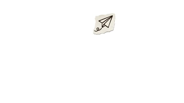 Animated collection of scrapbook toy doodle paper stickers including paper airplane, pinwheel, xylophone, toy drum, spinning top, toy train, and other playful elements. Perfect for children's content