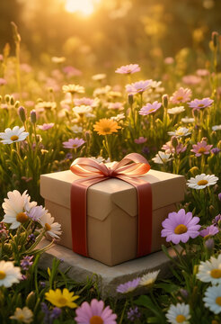 Brown gift box with red ribbon in a vibrant spring meadow with colorful wildflowers and golden hour sunlight, Bathed in the warm glow of golden hour sunlight