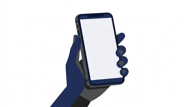 Digital hand holding smartphone with blank screen in front of white background for technology mobile device use