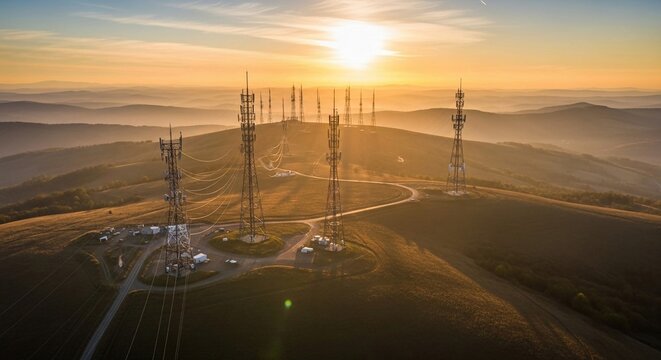 Numerous communication towers on hillsides at sunset with glowing sunlight and winding roads below