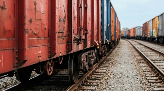 Low-angle close-up of a weathered red freight wagon parked on parallel tracks at a dusty cargo yard.