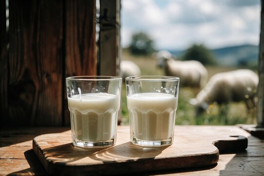 Creamy Milk Glasses on Rustic Wood with Sheep Pasture Background