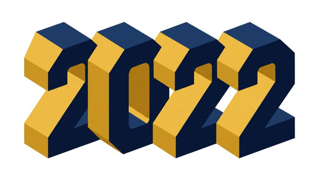 Three dimensional golden and navy blue numbers representing the year 2022 with a modern geometric style
