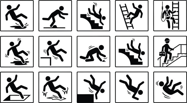 Safety warning icons set showing various accident risks including falling slipping and tripping in workplaces