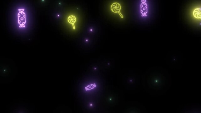 Lollipops and candies glow in neon colors against a dark, starry background.