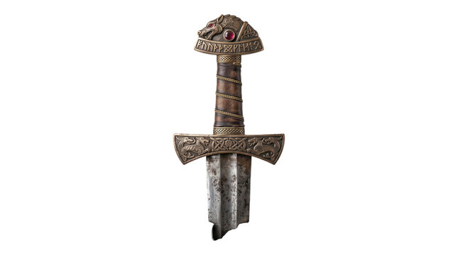 Viking sword hilt featuring intricate wolf head pommel and nordic runes on textured leather grip handle.