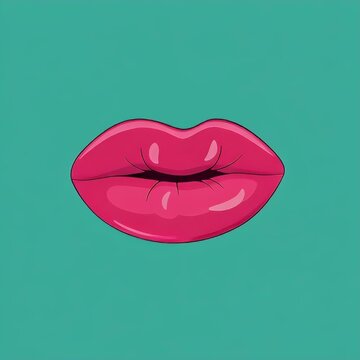 Pop Art Style Glossy Pink Lips Vector Illustration On A Solid Turquoise Background For Modern Fashion Design