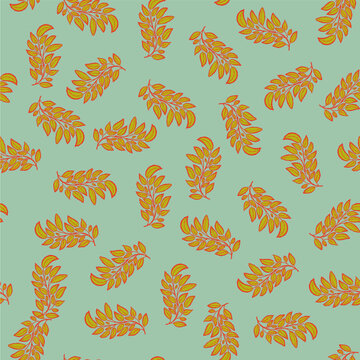 Mint Green Orange Scattered Leafy Twigs