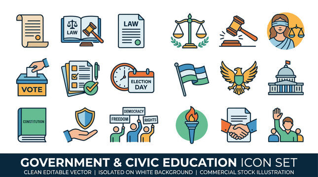Government & Civic Education Icon Set with Constitution and Commemoration
