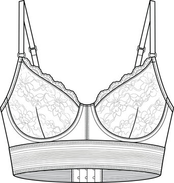 Fashion technical flat sketch of a women's lace bralette with adjustable straps and wide underband support