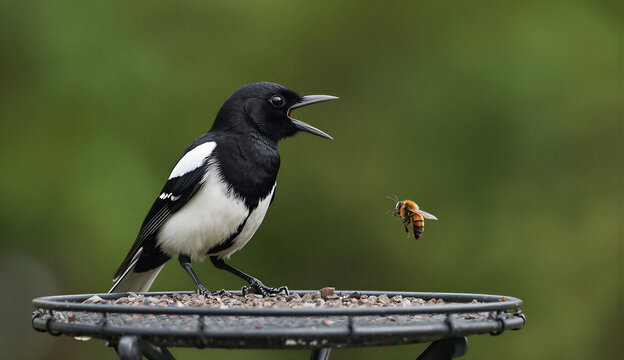A black and white bird perched on a bird feeder, surrounded by greenery in a serene outdoor setting.