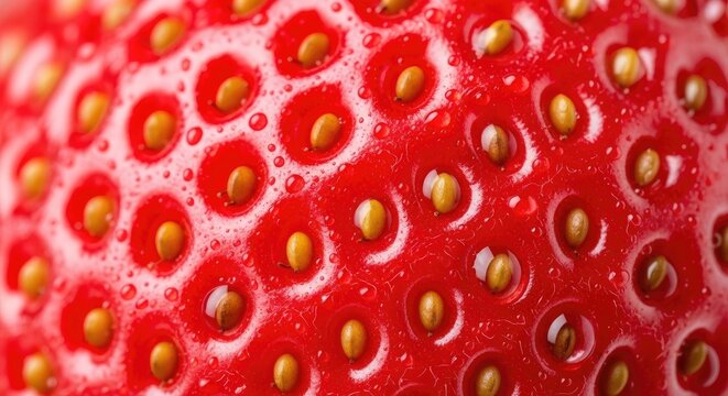 Extreme macro of red strawberry skin and yellow seeds.
