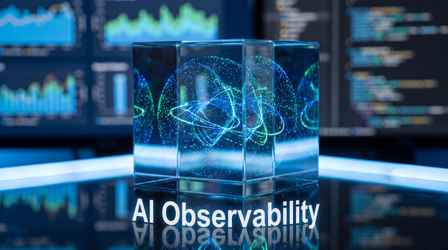 Abstract 3D glass cube with glowing blue data visualization and swirling light particles, representing artificial intelligence observability concept on a dark digital interface background