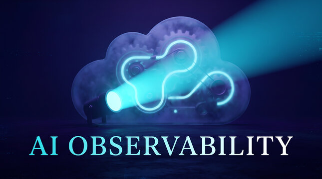 Abstract concept of artificial intelligence observability with glowing cloud icon, digital data visualization, and bright light beam on dark blue background with copy space