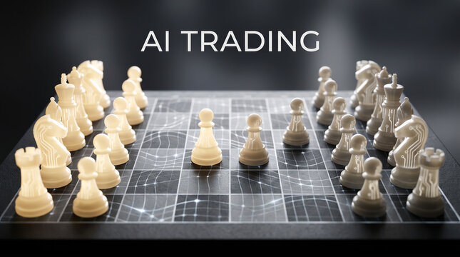 Conceptual visualization of AI trading using a digital chessboard with glowing circuit patterns and chess pieces, featuring dark negative space with copy space for text