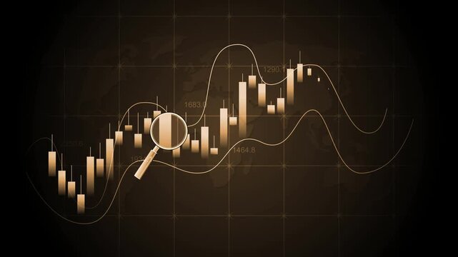 Candlestick chart with magnifying glass financial analysis market trends and stock trading growth animation