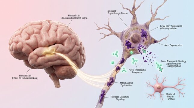 Human brain connected to diseased neuron network. 3D medical illustration of neural degeneration and synaptic dysfunction in neurological disorders.