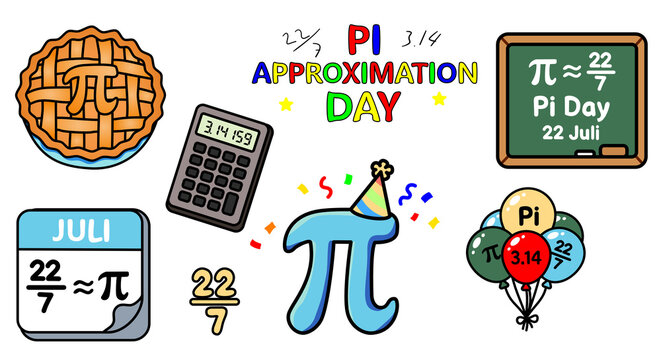 Cute hand-drawn Pi Approximation Day illustration collection featuring colorful doodle elements including the pi symbol, calculator, pie, chalkboard, calendar, balloons, fraction 22/7, and celebration