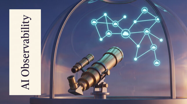 Golden telescope inside a glass dome with glowing digital network connections and cloud computing icons, concept of artificial intelligence observability with copy space
