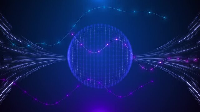 Blue digital sphere glowing grid globe, flowing light streams, animated graph lines, dark tech space. AI , analytics dashboards, data science intros, network screens, software promos, data promos.