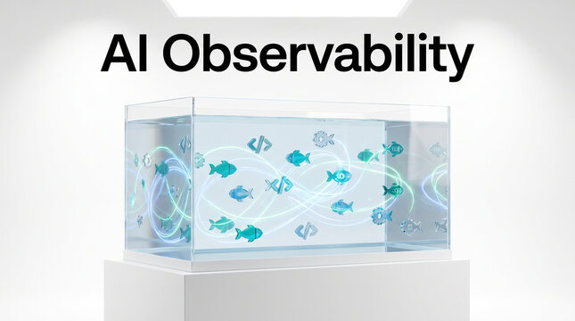 3D visualization of artificial intelligence observability concept featuring digital fish and coding symbols swimming in a glass aquarium with copy space