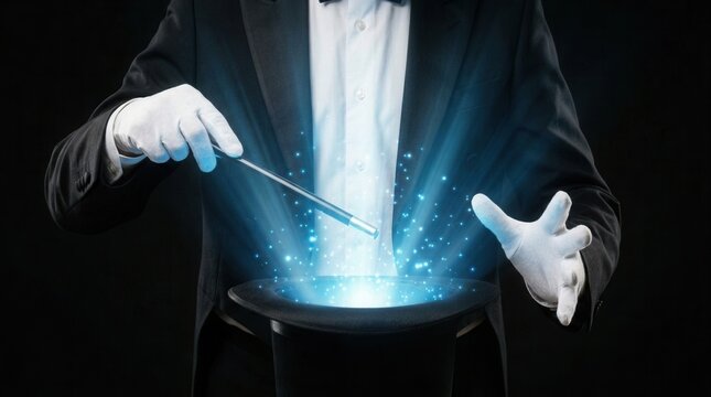 Illuminated magician's hat emitting blue light as a performer uses a magic wand.