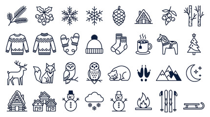 Nordic forest elements and winter lifestyle symbols in a clean outline vector illustration style for scandinavian holiday branding and seasonal marketing © naya