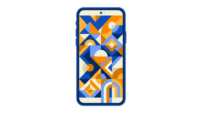 Modern smartphone with vibrant geometric pattern display in bold orange blue and white colors suitable for digital technology concepts