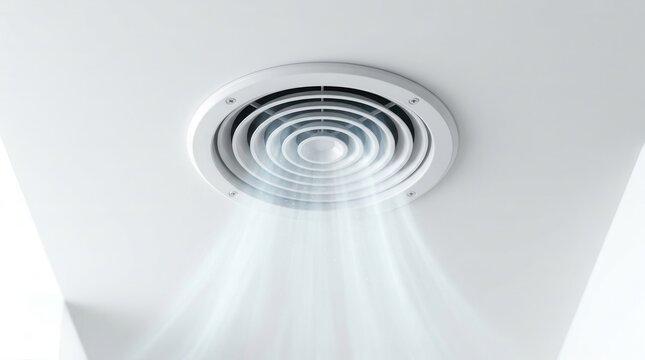 White round air conditioning vent installed on a room ceiling.