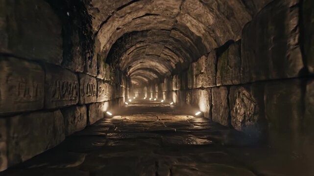 Ancient underground stone passage with arched ceiling and mossy walls, illuminated by floor spotlights along a paved cobblestone path in a dark subterranean tunnel environment.