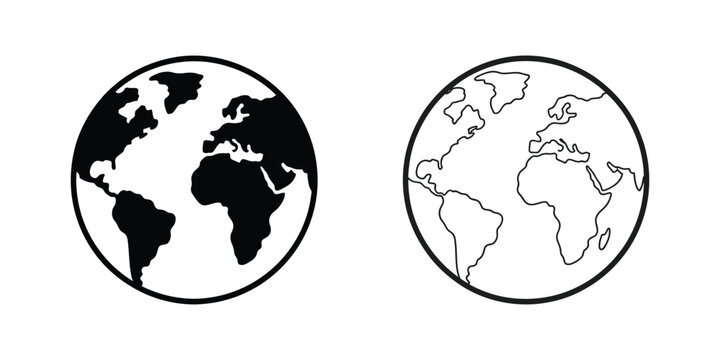 Globe world map icons in clean filled and outline vector design representing worldwide communication navigation and global business
