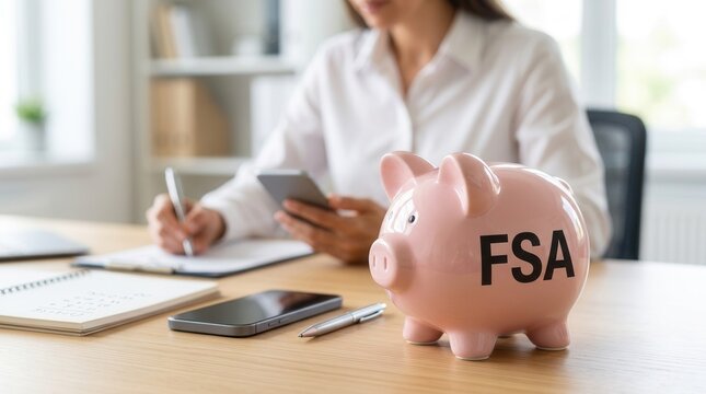 Concept of FSA Flexible Spending Account with a pink piggy bank and person managing finances via mobile phone.