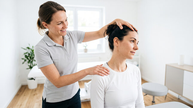 Physiotherapist guiding neck stretching exercise for female patient during rehabilitation therapy session