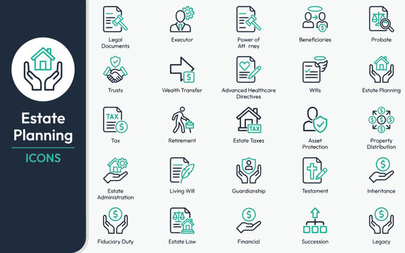 Estate planning icon set linear vector icons for legal documents, executor, power of attorney, probate, trust, wealth transfer, living will, asset protection, inheritance, tax, and succession