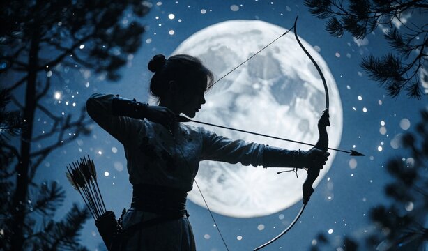 Moonlit Archer Silhouette Shooting Arrow Under Giant Full Moon Night
