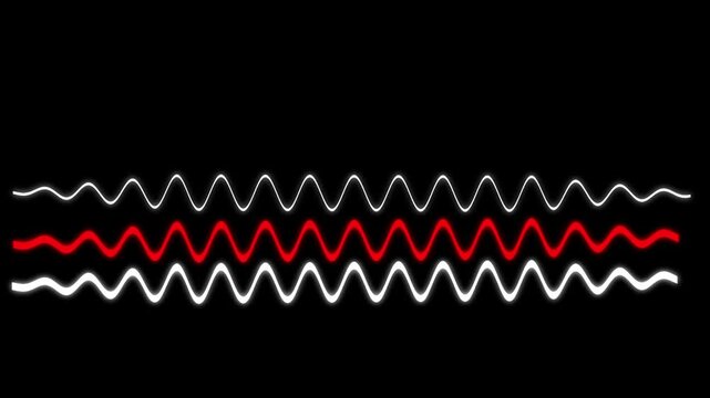 A visual representation of three distinct wavy lines in red and white against a black background, suggesting sound or energy waves