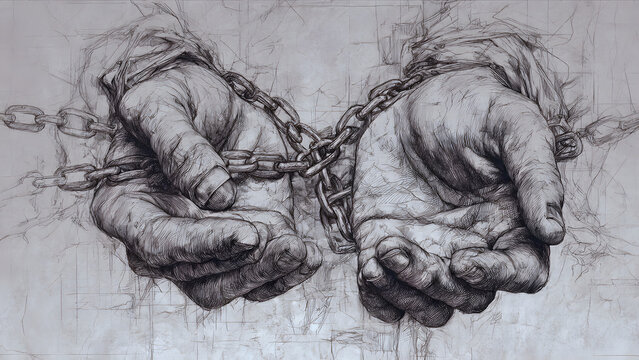Close-up monochromatic drawing of two human hands tightly bound by heavy metal chains, symbolizing themes of oppression, struggle, and the fight for freedom