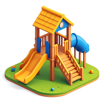 Colorful wooden playground with slides and tunnel, surrounded by green grass and small balls, ideal for children's activities and park design