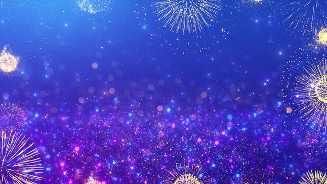 Blue celebration golden fire bursts, glitter, soft bokeh, open copy space festive titles. party videos, New Year promos, event greetings, birthday edits, holiday intros, joyful social media overlays.