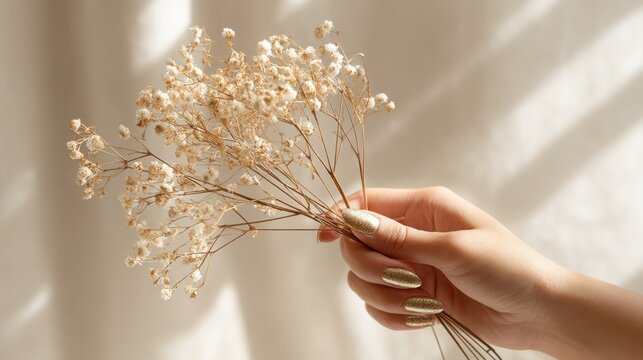 Delicate dried breath flowers held gently in sparkling gold manicured hand. Woman's hand glittery gold nails delicately holds bunch of dried baby's breath flowers against soft, shadowed background