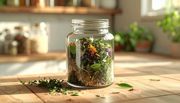 Glass jar with fresh herbs and spices on wooden table.