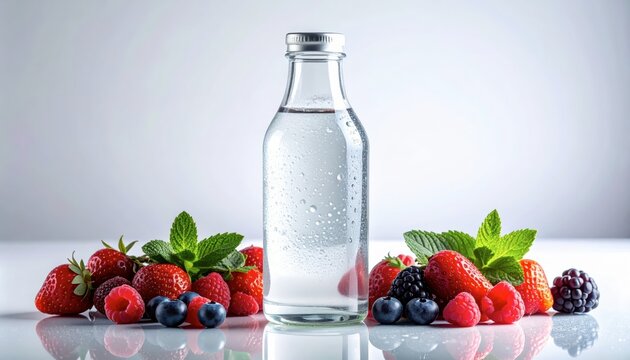 Clear glass bottle with fresh berries and mint leaves.