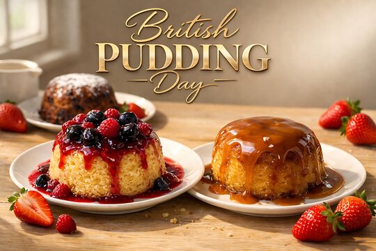 Two different sponge puddings, one with berry sauce and one with caramel sauce, served on plates for british pudding day on a wooden table