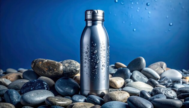 Stainless Steel Water Bottle on Pebbles with Water Droplets.