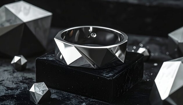 Geometric Shapes and Ring on Dark Reflective Surface.