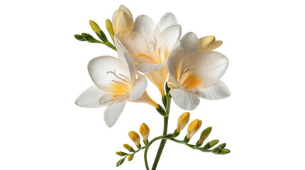 Fototapeta premium Beautiful white freesia flowers with yellow centers on a green stem isolated on transparent background